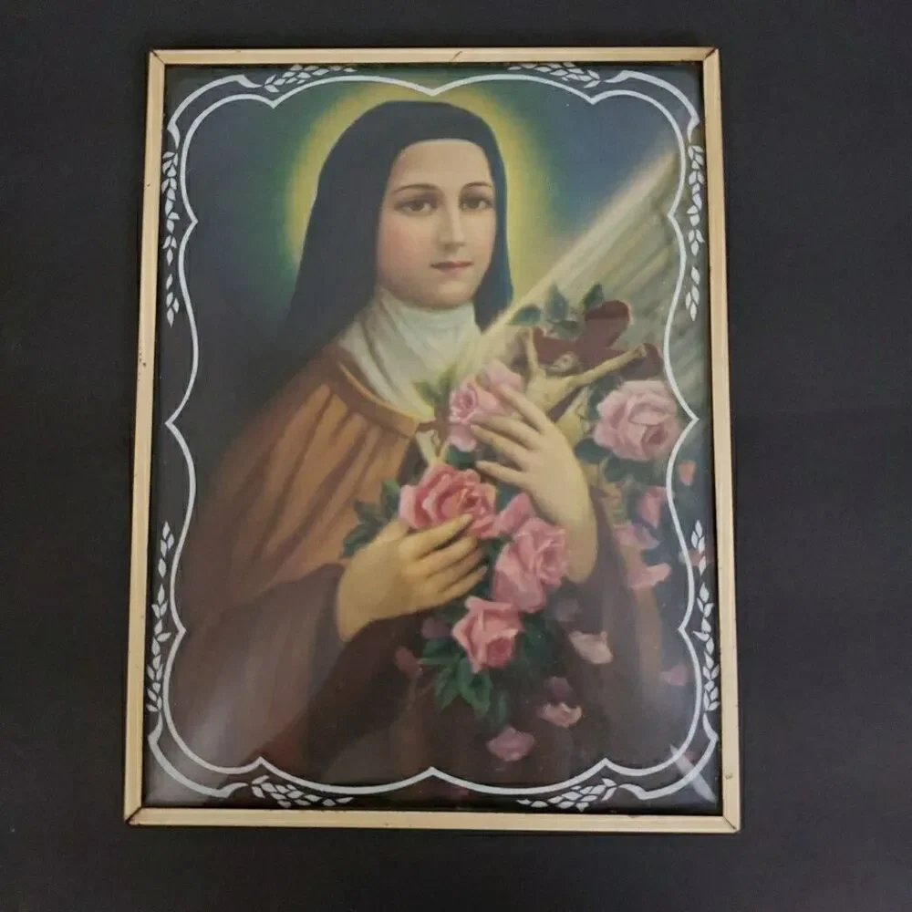St. Theresa of Lisieux Convex Bubble Glass Picture Frame Reverse Paint VTG